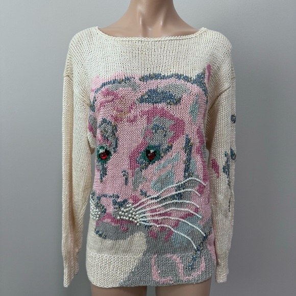 Nannell Vintage Beaded Pearl Leopard Cheetah Pink Unique Knit Sweater Medium - Picture 1 of 7
